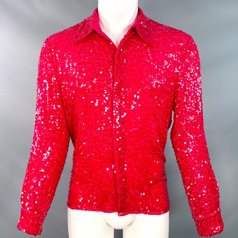 DRIES VAN NOTEN Fuchsia Pink Sequined Viscose Hidden Buttons Long Sleeve Shirt